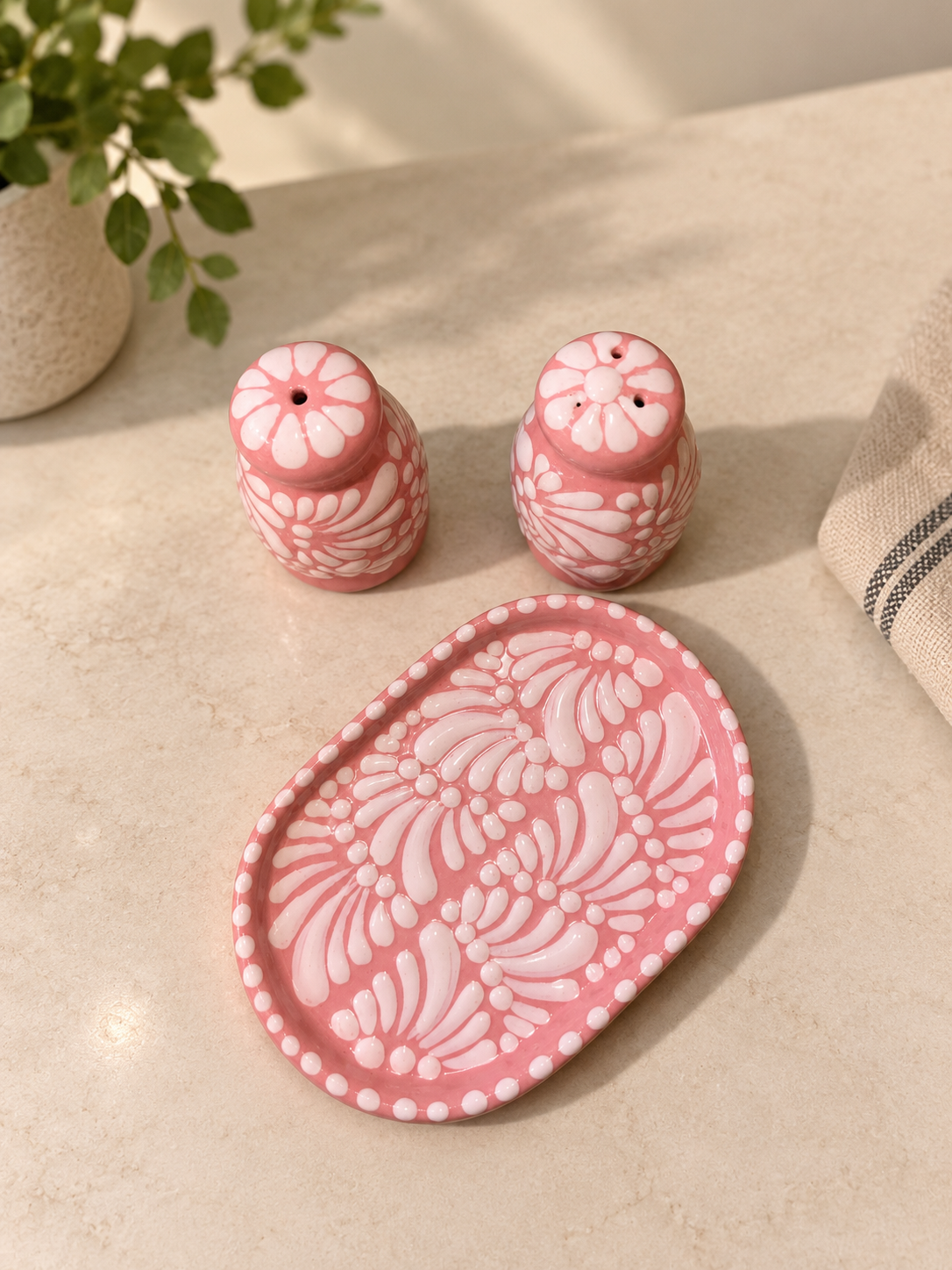 Pink salt and pepper shakers with plate