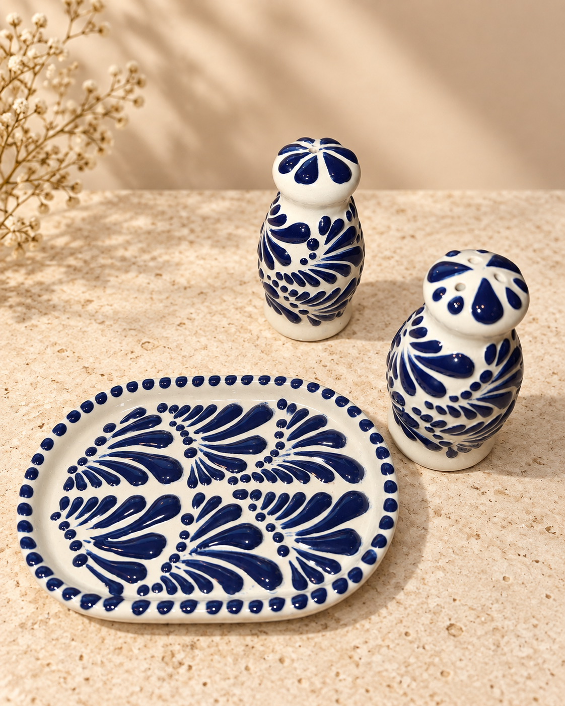 Talavera style salt and pepper shakers with plate