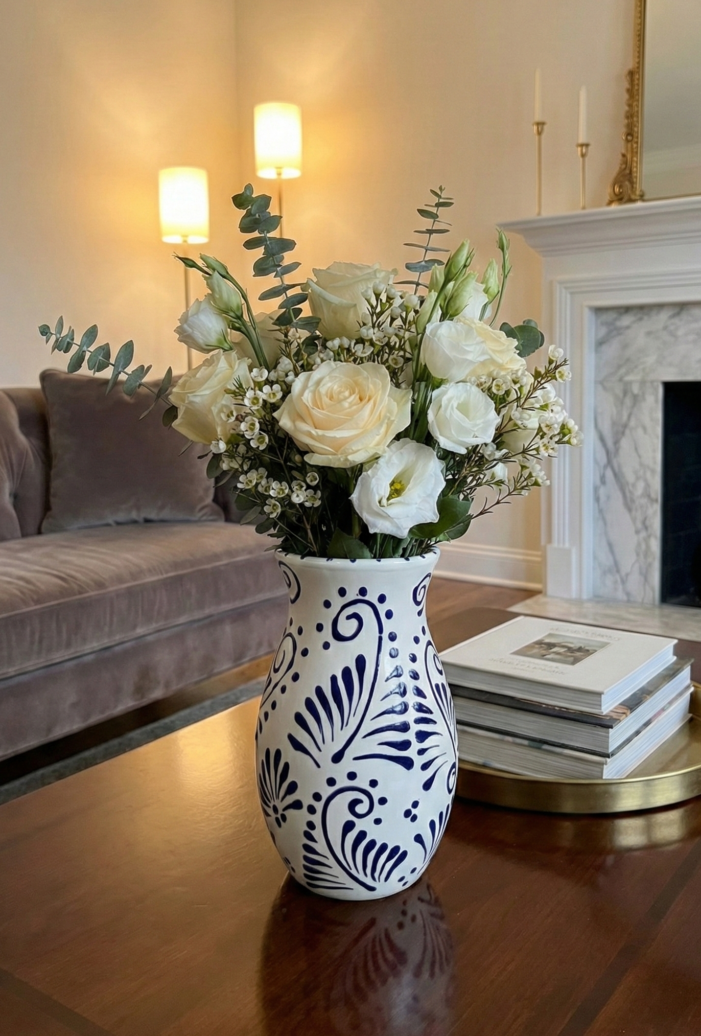 White and blue flourish flower vase