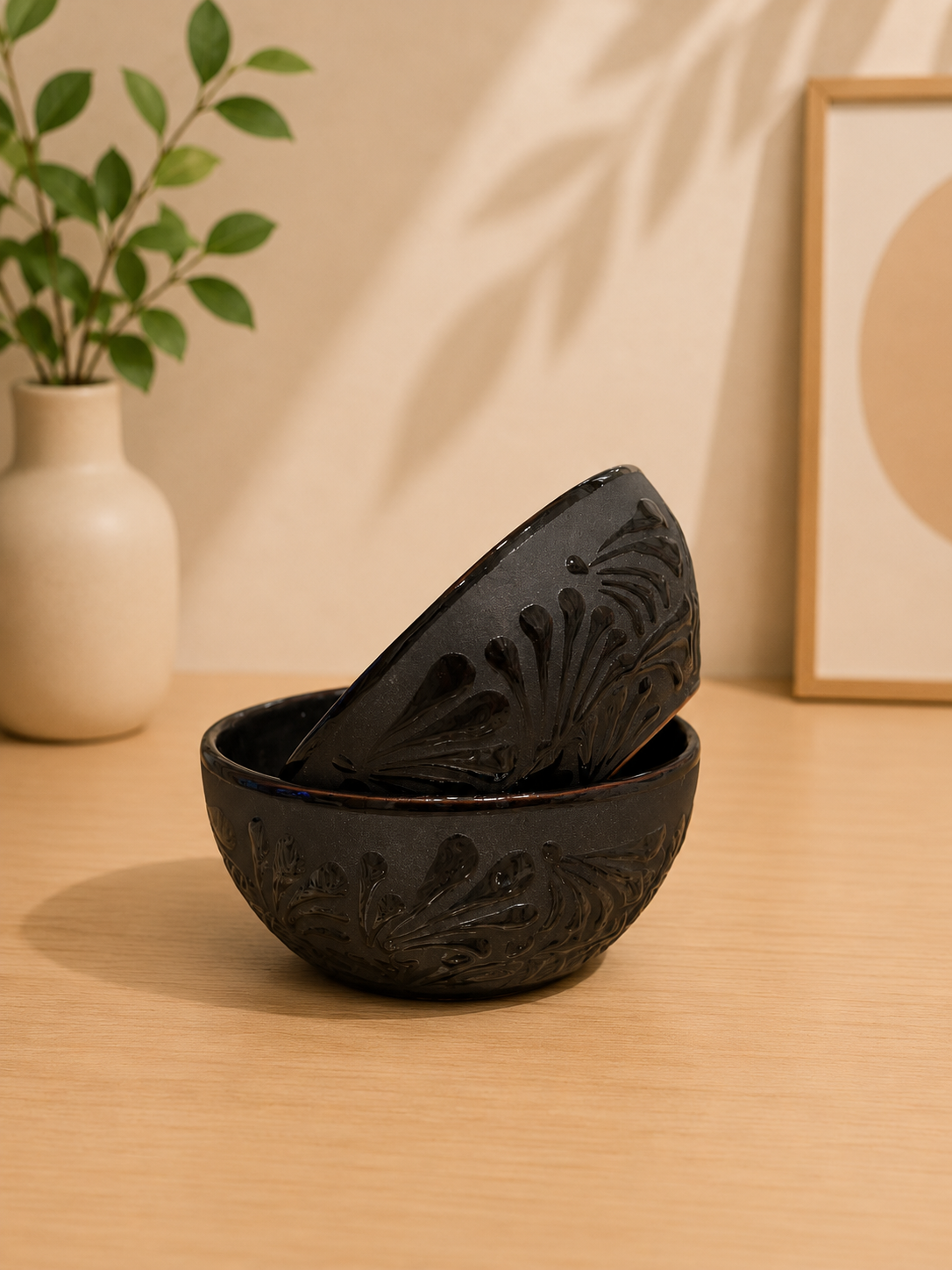 2 matte black soup bowls
