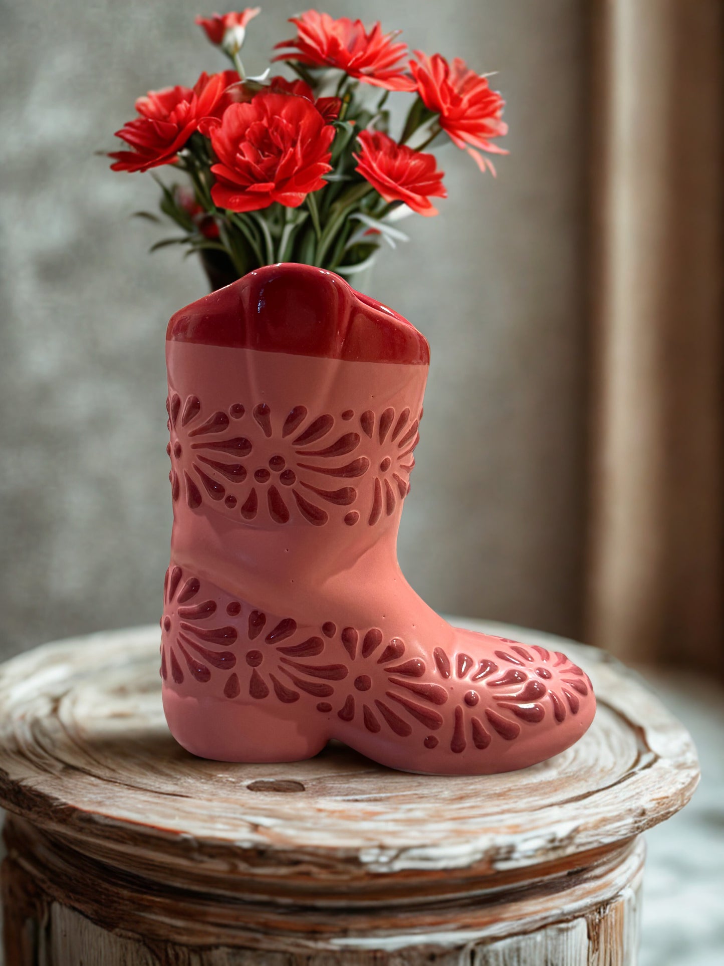 Hot pink on pink boot flower vase