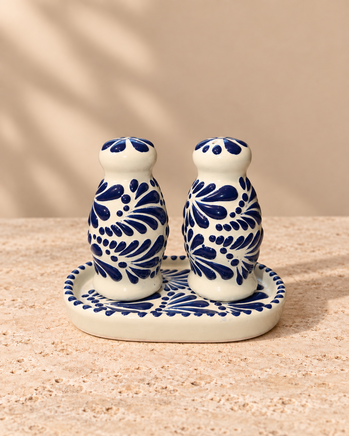 Talavera style salt and pepper shakers with plate