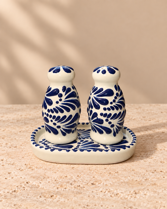 Talavera style salt and pepper shakers with plate