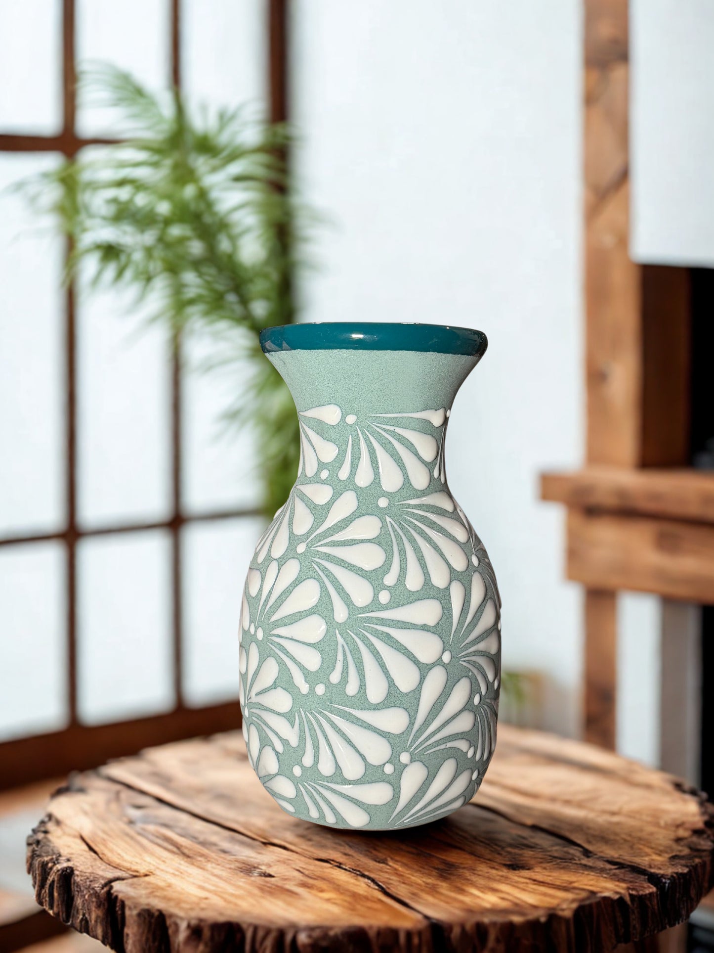 Teal trumpet flower vase