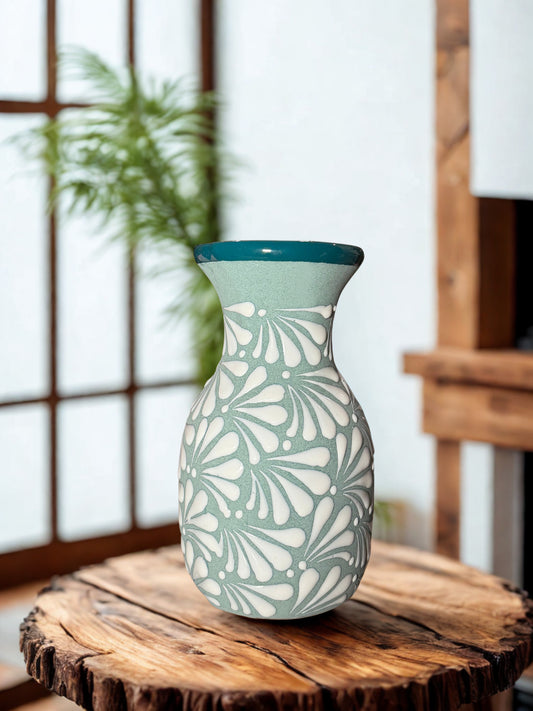 Teal trumpet flower vase
