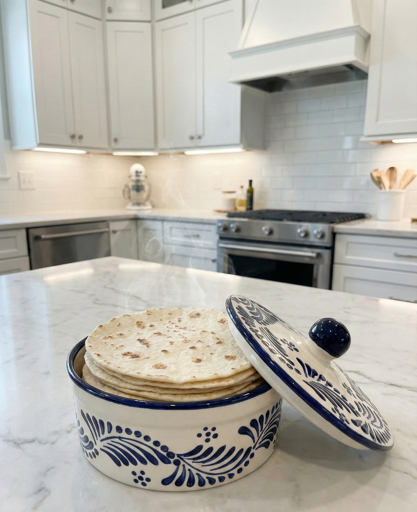 White and blue tortilla warmer