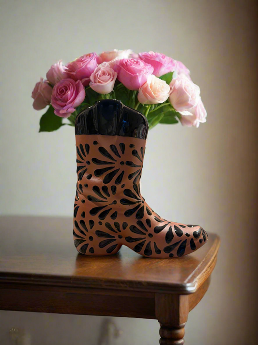 Natural and black boot flower vase