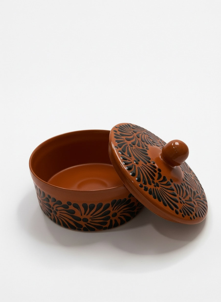 Plumeado black on brown tortilla warmer