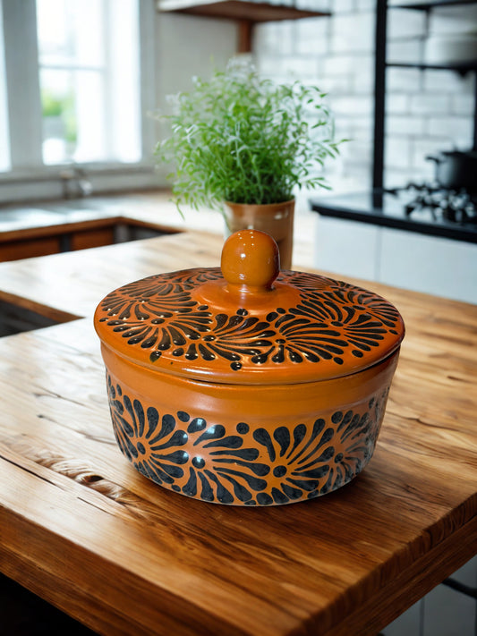 Plumeado black on brown tortilla warmer